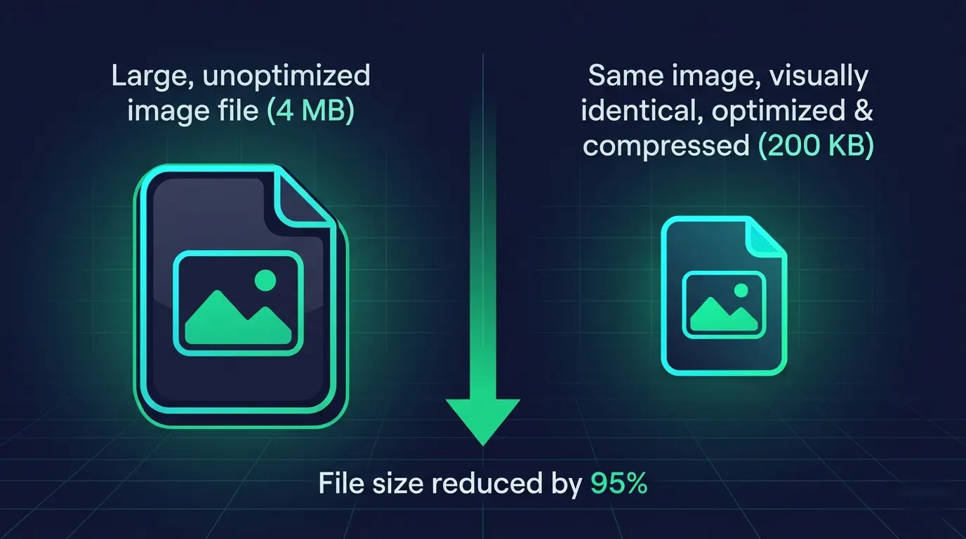 Image compression process showing original and compressed file size comparison