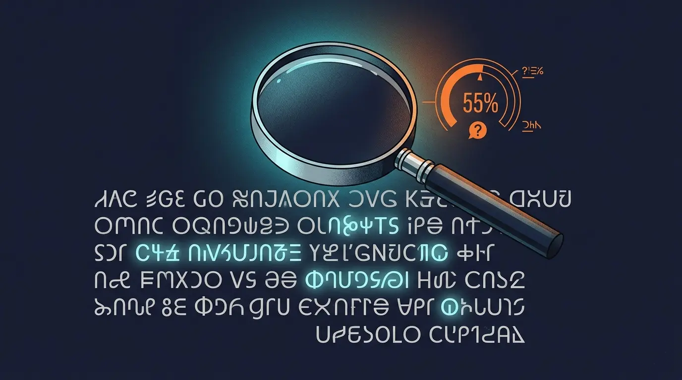 Magnifying glass over text with AI detection probability percentages
