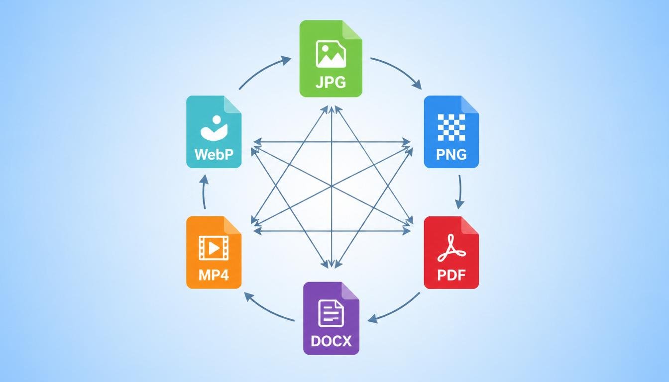 Various file format icons showing JPG, PNG, PDF, MP4, and DOCX with conversion arrows