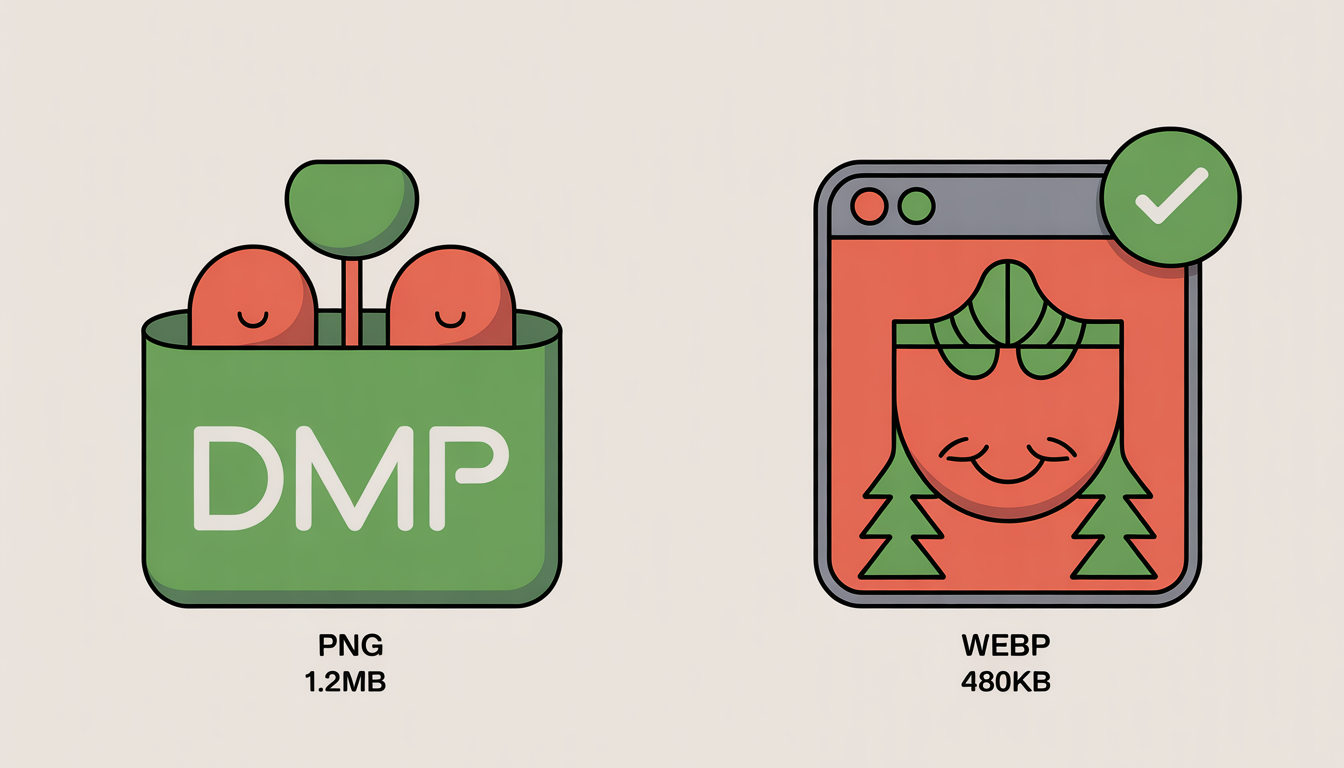 PNG file shrinking into a much smaller WebP file showing file size reduction