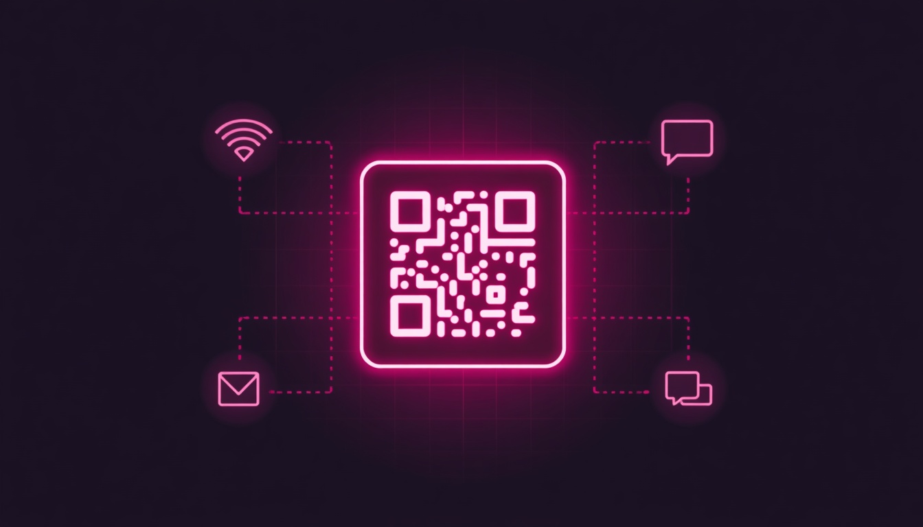 QR code being scanned by a phone with several use-case examples shown