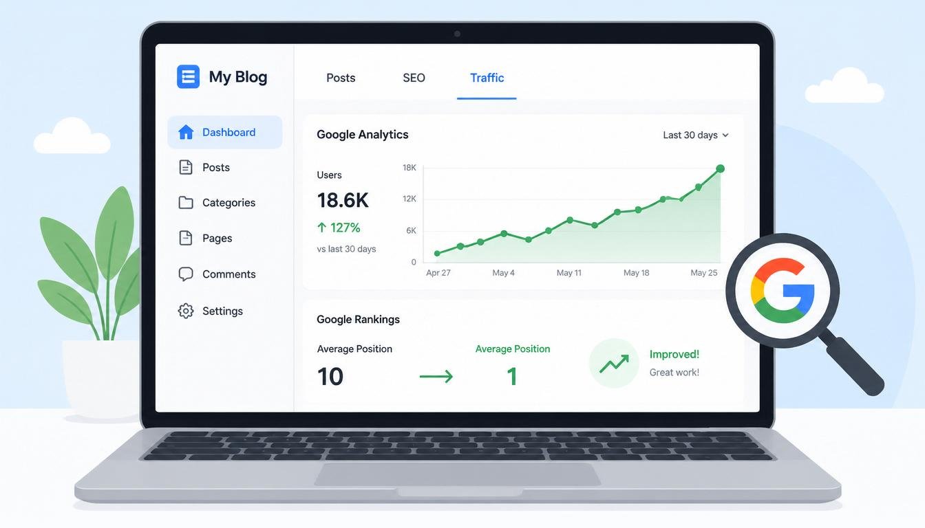 Laptop showing a blog dashboard with rising Google Analytics chart and SEO ranking